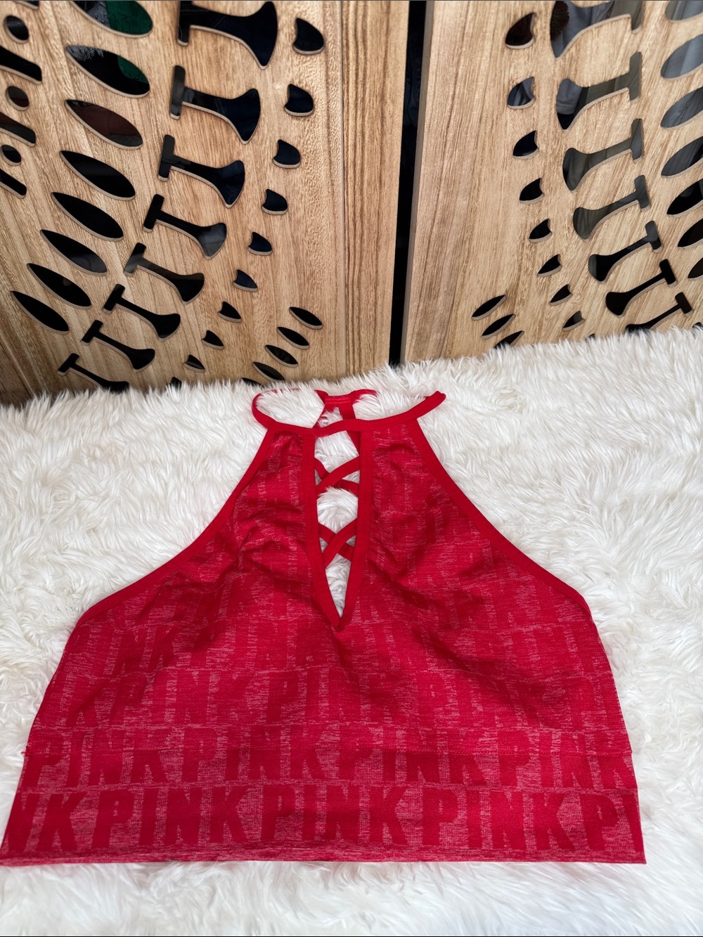 PINK Victoria's Secret Red Lace-Style Halter Sports Bra